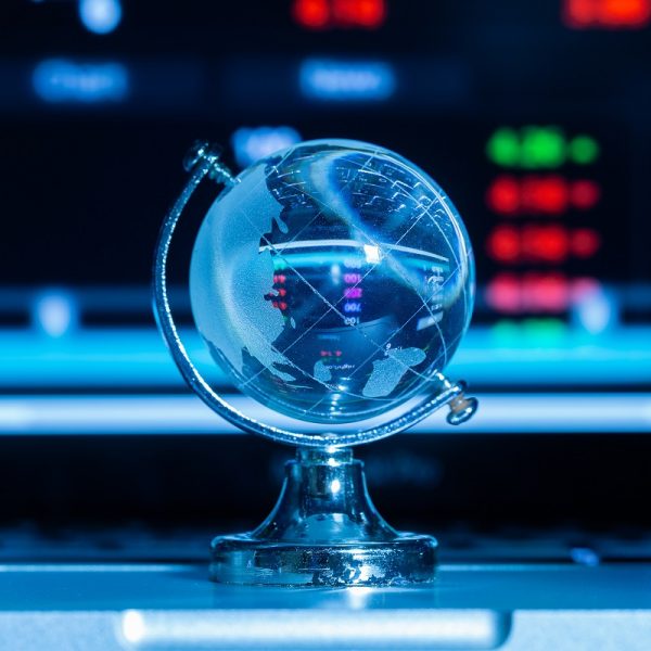 crystal globe in front of a screen displaying numbers
