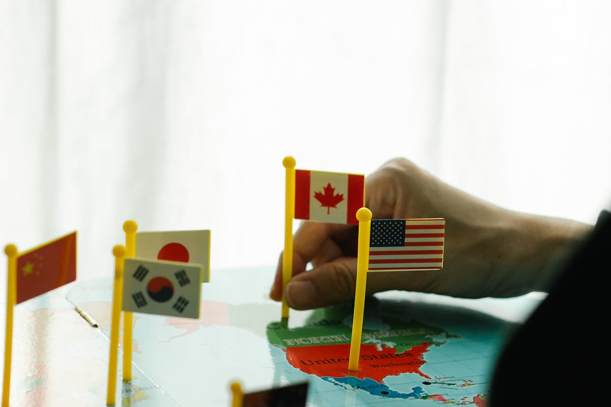 small flags on the world map